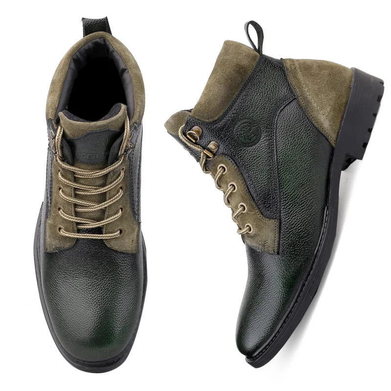 باكا بوتشي أحذية رجالية عالية من الجلد الطبيعي بنقوش للمشي لمسافات طويلة باللون الزيتوني والأسود